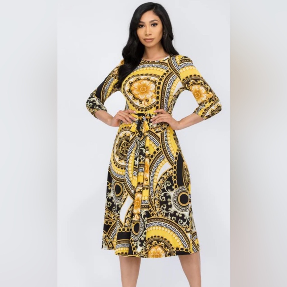 Jeyrey H & H Fashion Midi Dress with Tie Waist Sz 1X Gold/Black Romantic Luxury